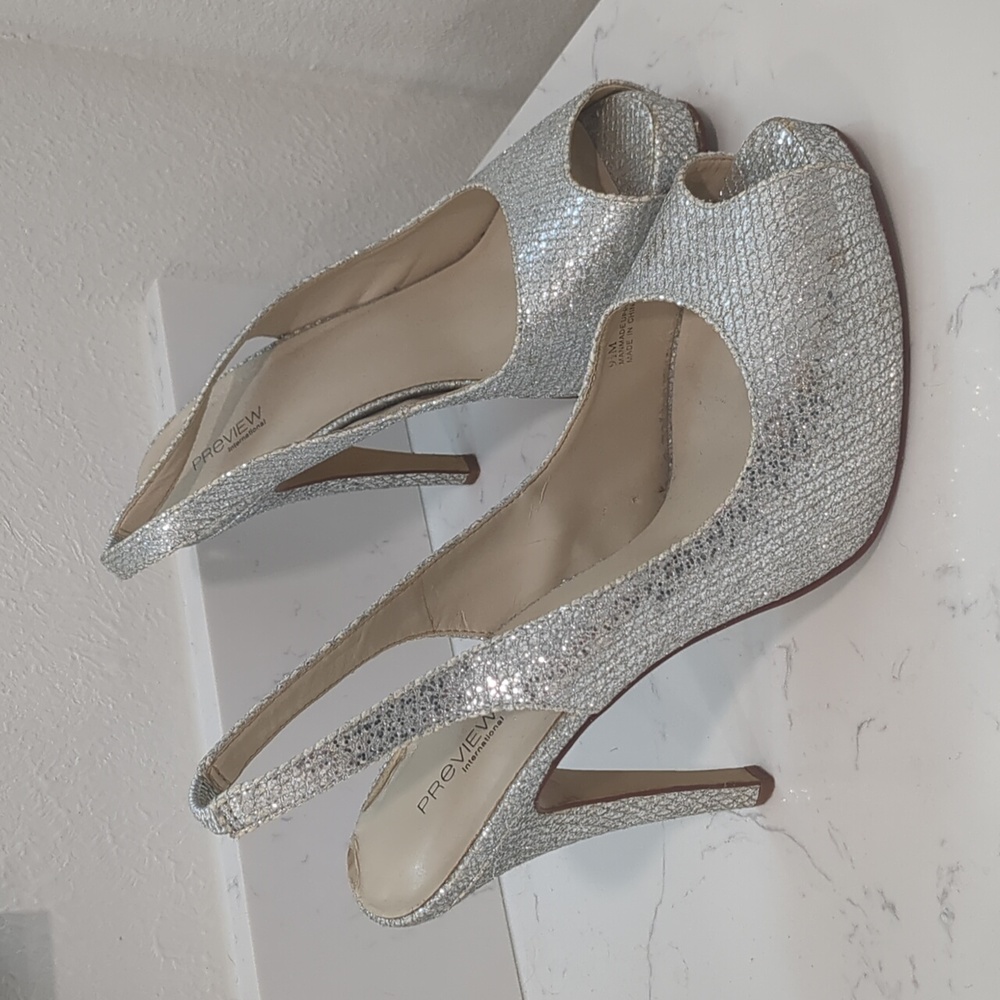 Silver glittery platform stiletto slingbacks
